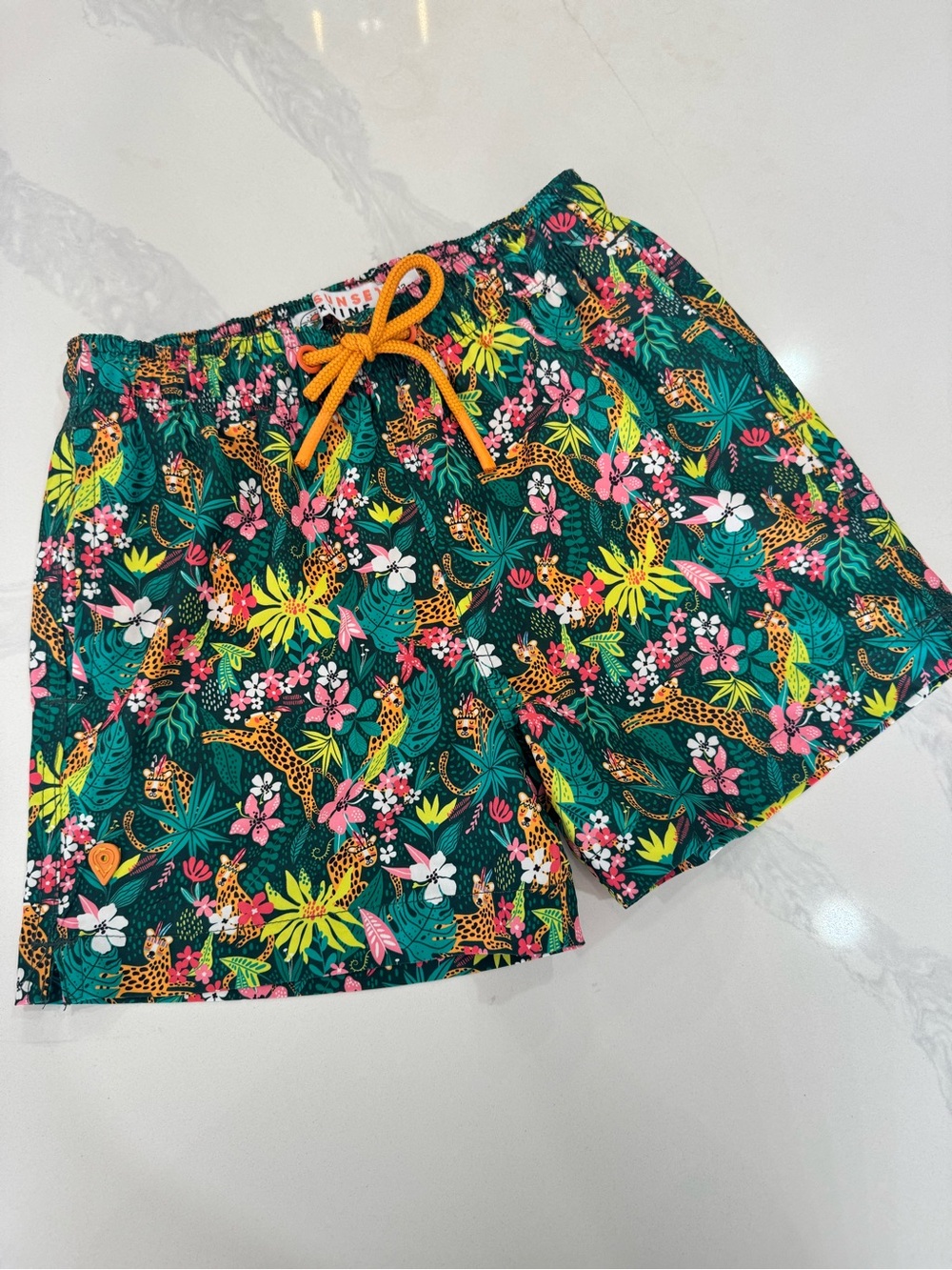 SUNSET X VINES 12T Tropical Leopard Print Swim Shorts with Orange Drawstring